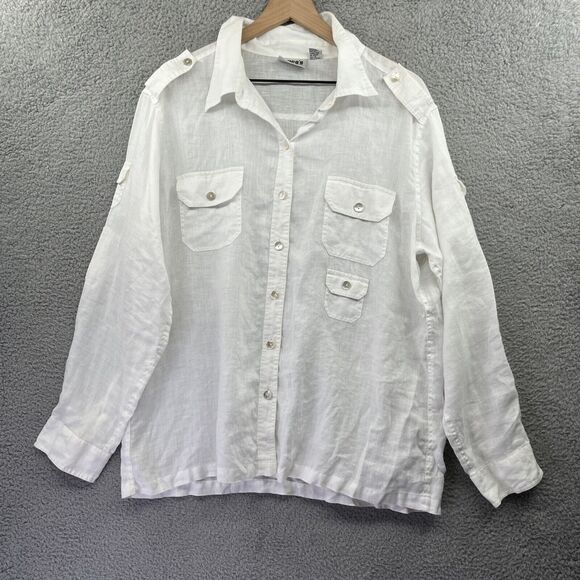 Chico's Tops - Chicos Button Top XL 3 Linen Pockets Roll Tab Long Sleeve White Beach Hike Fish